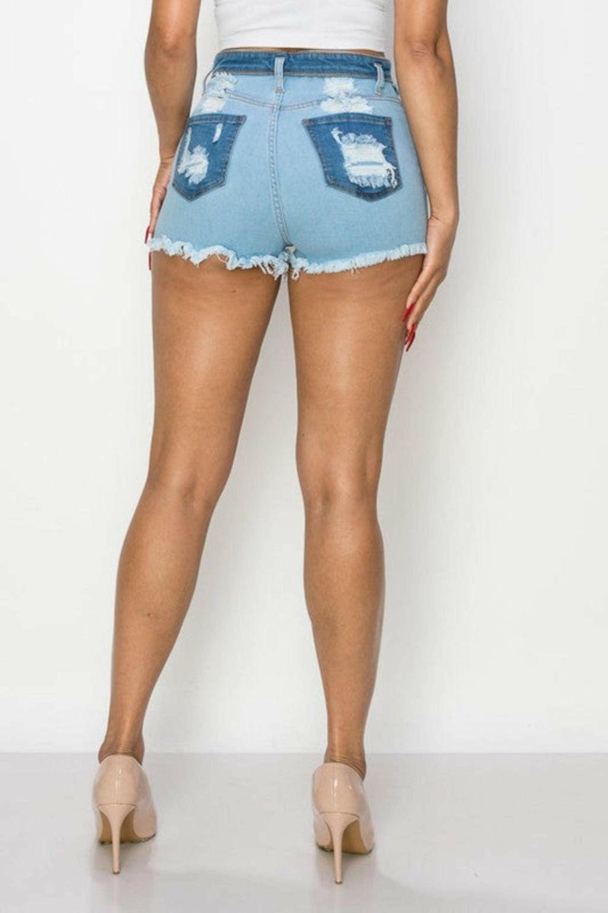 Junior distressed blue denim shorts jeans.