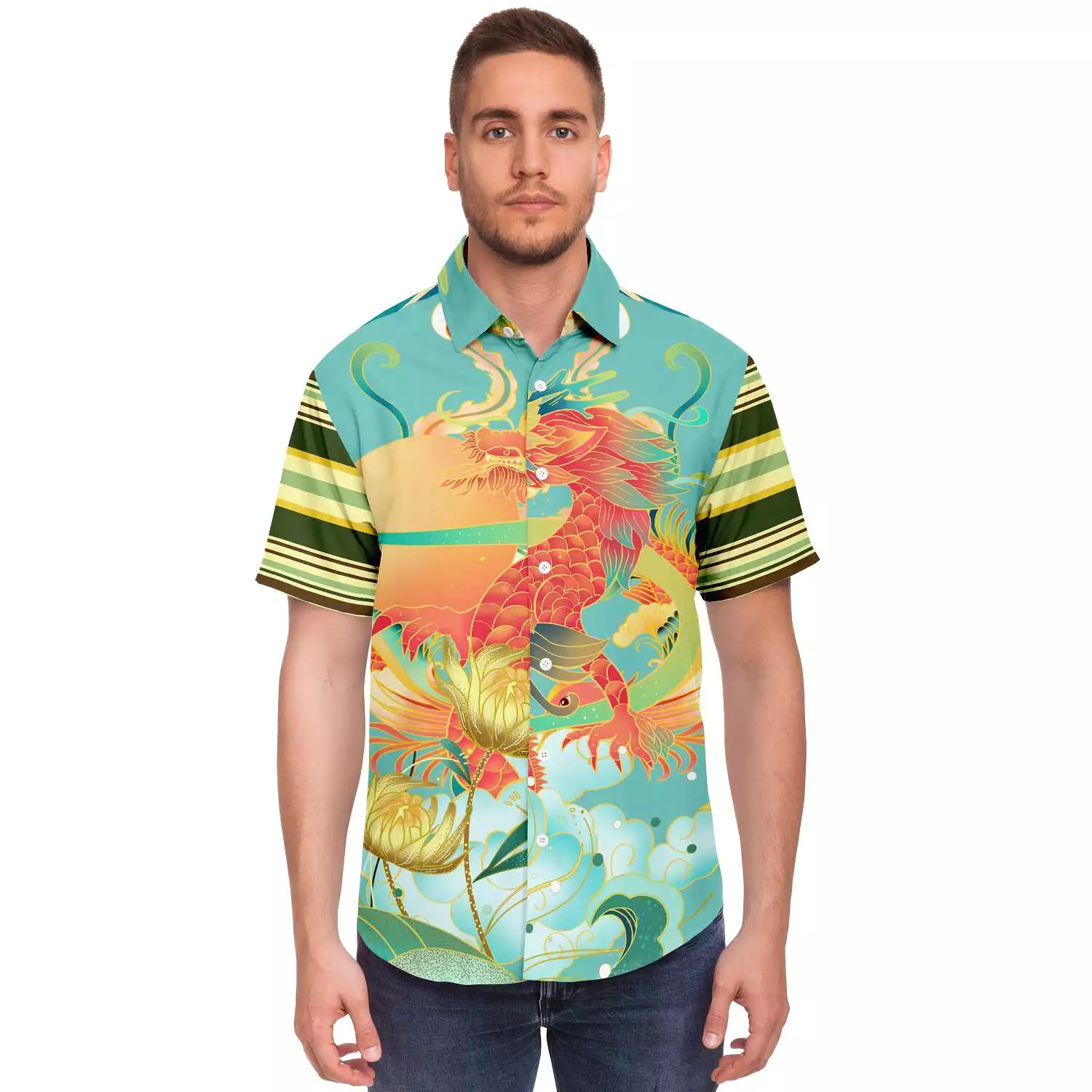 Koi Dragon Striped Button Down Shirt.