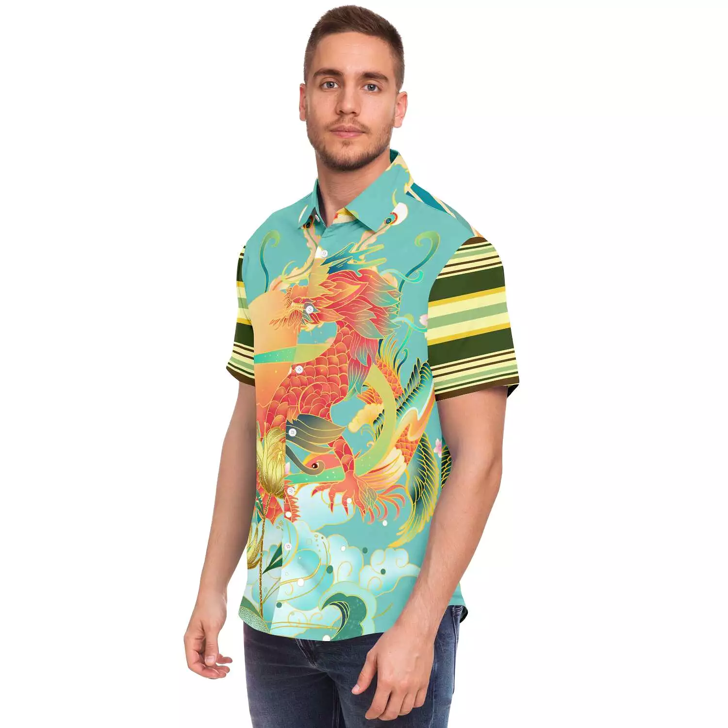 Koi Dragon Striped Button Down Shirt.