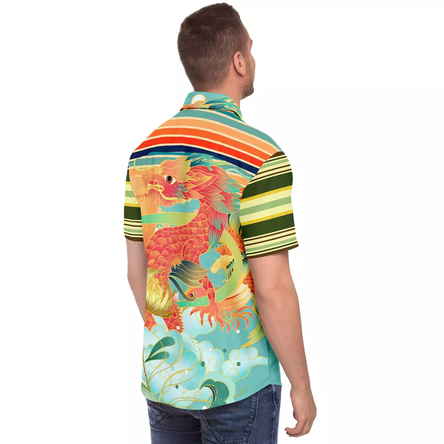 Koi Dragon Striped Button Down Shirt.