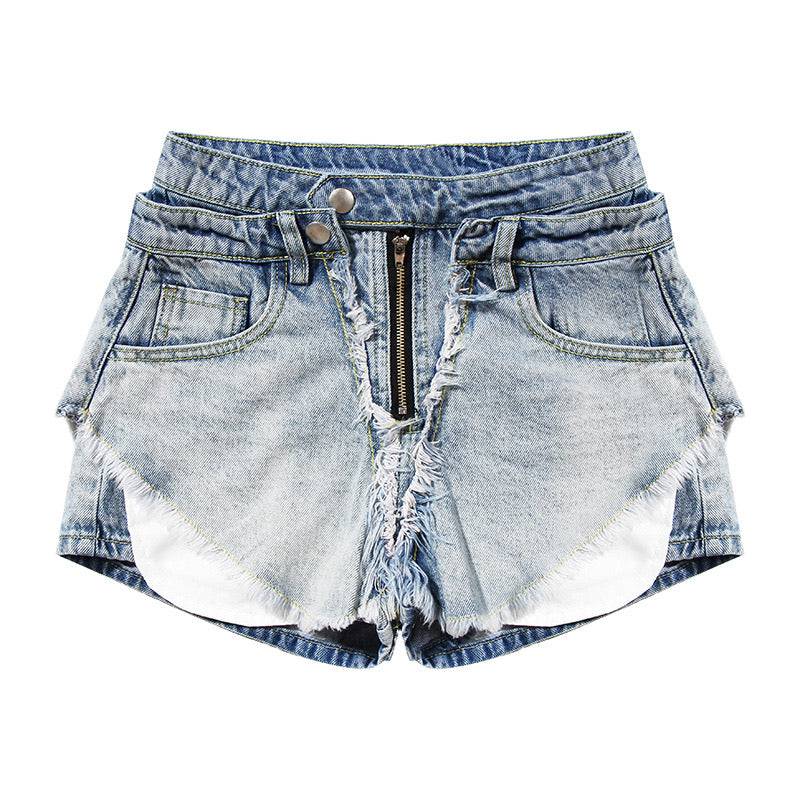 Layered Distressed Denim Shorts