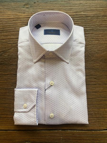 Lilac shirt with spread collar and button down style.