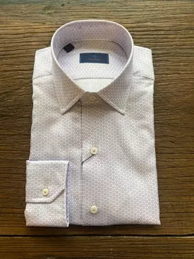 Lilac shirt with spread collar and button down style.