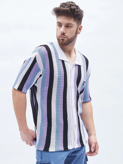 lilac striped bowling shirt