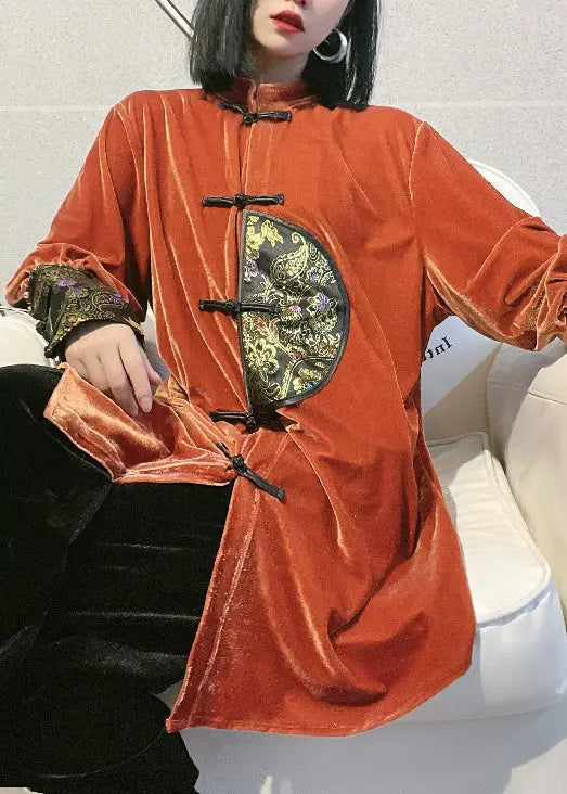 Orange Embroidered Button Silk Velour Shirt Long Sleeve