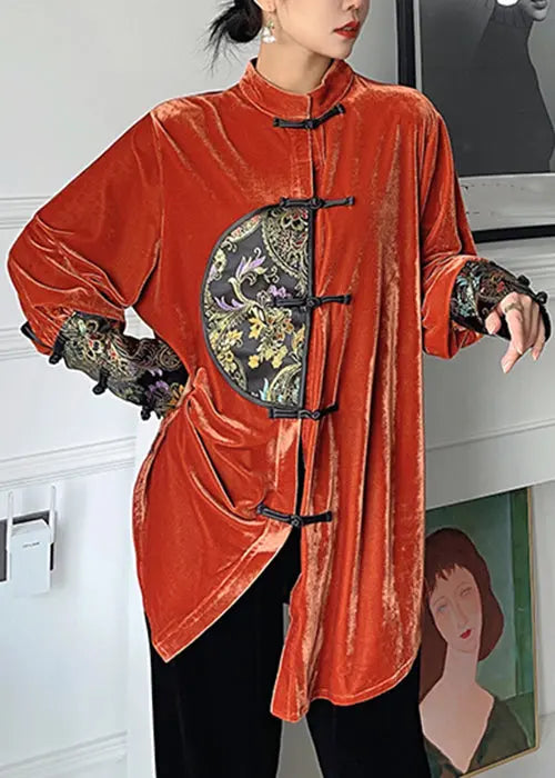 Orange Embroidered Button Silk Velour Shirt Long Sleeve