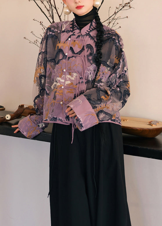 Purple embroidered button tulle shirt with long sleeves - QA1030.