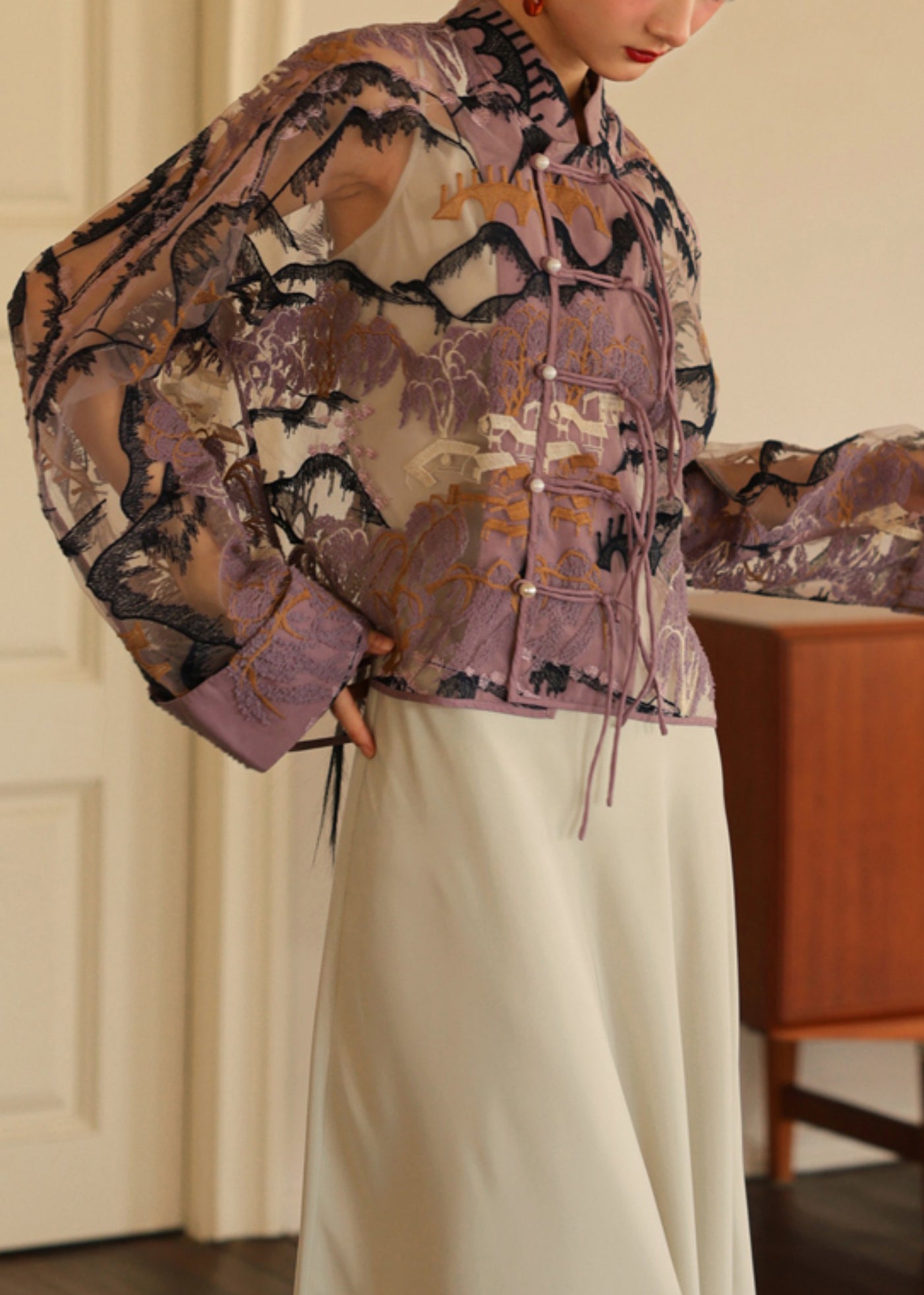 Purple embroidered button tulle shirt with long sleeves - QA1030.