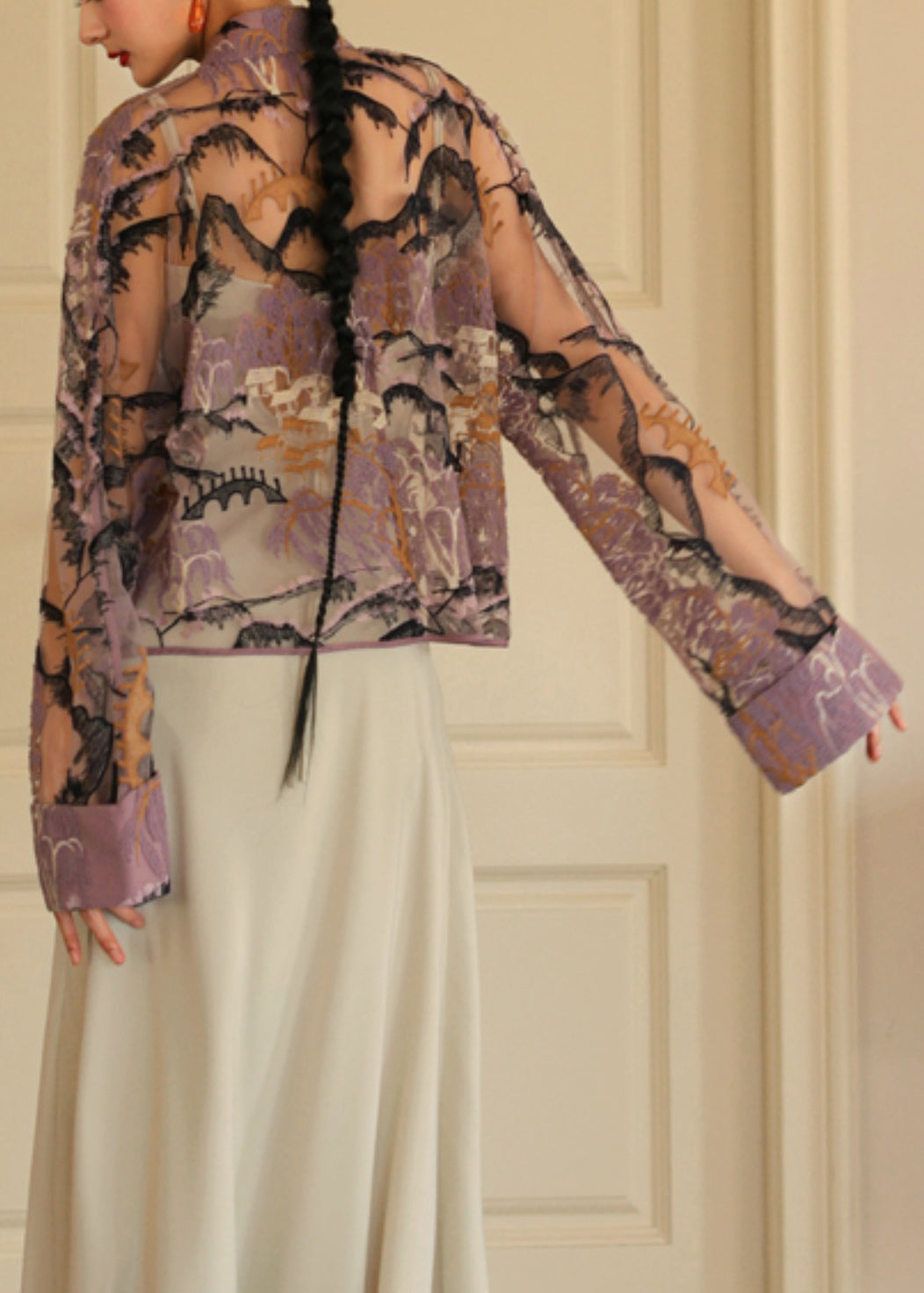 Purple embroidered button tulle shirt with long sleeves - QA1030.