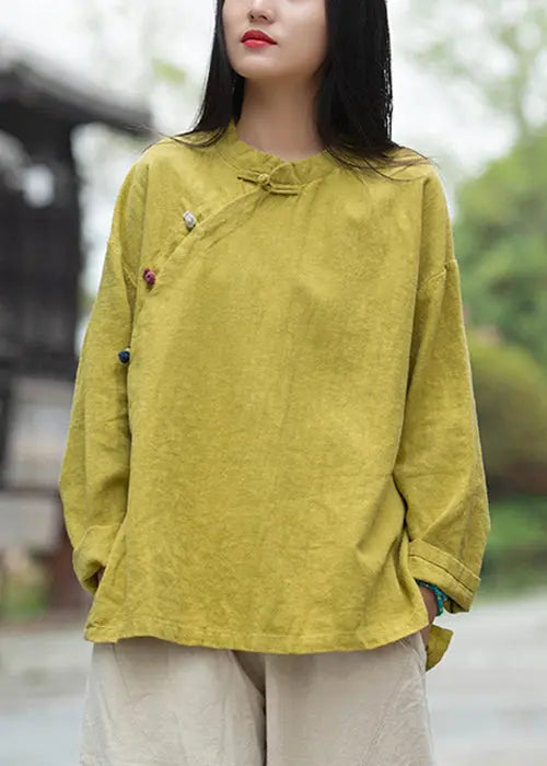 Yellow Linen Shirt with Loose Button Design | Long Sleeve | CG1044