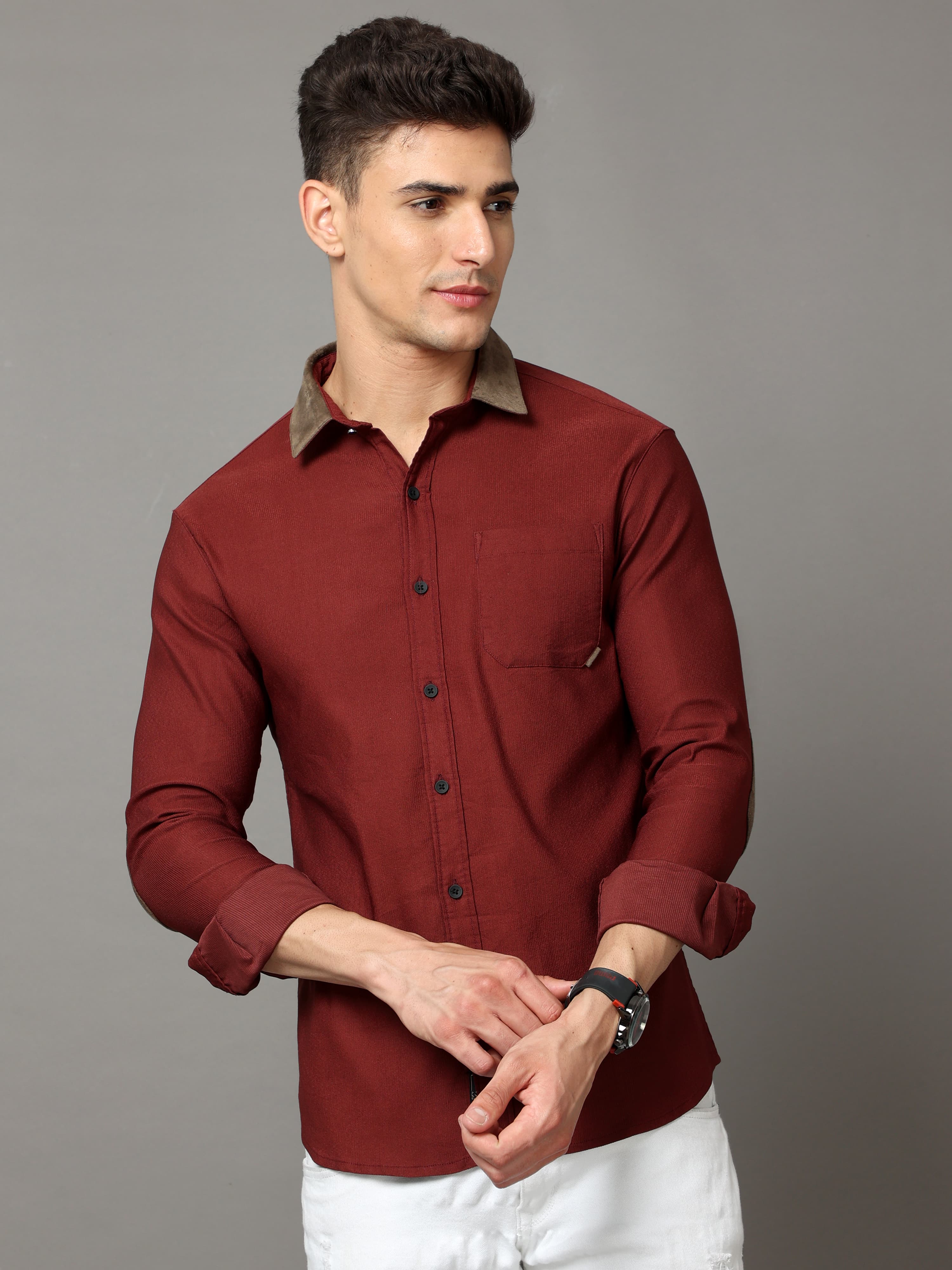 Maroon cotton corduroy shirt with leather contrast stripes.