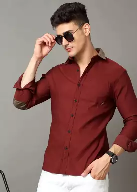 Maroon cotton corduroy shirt with leather contrast stripes.