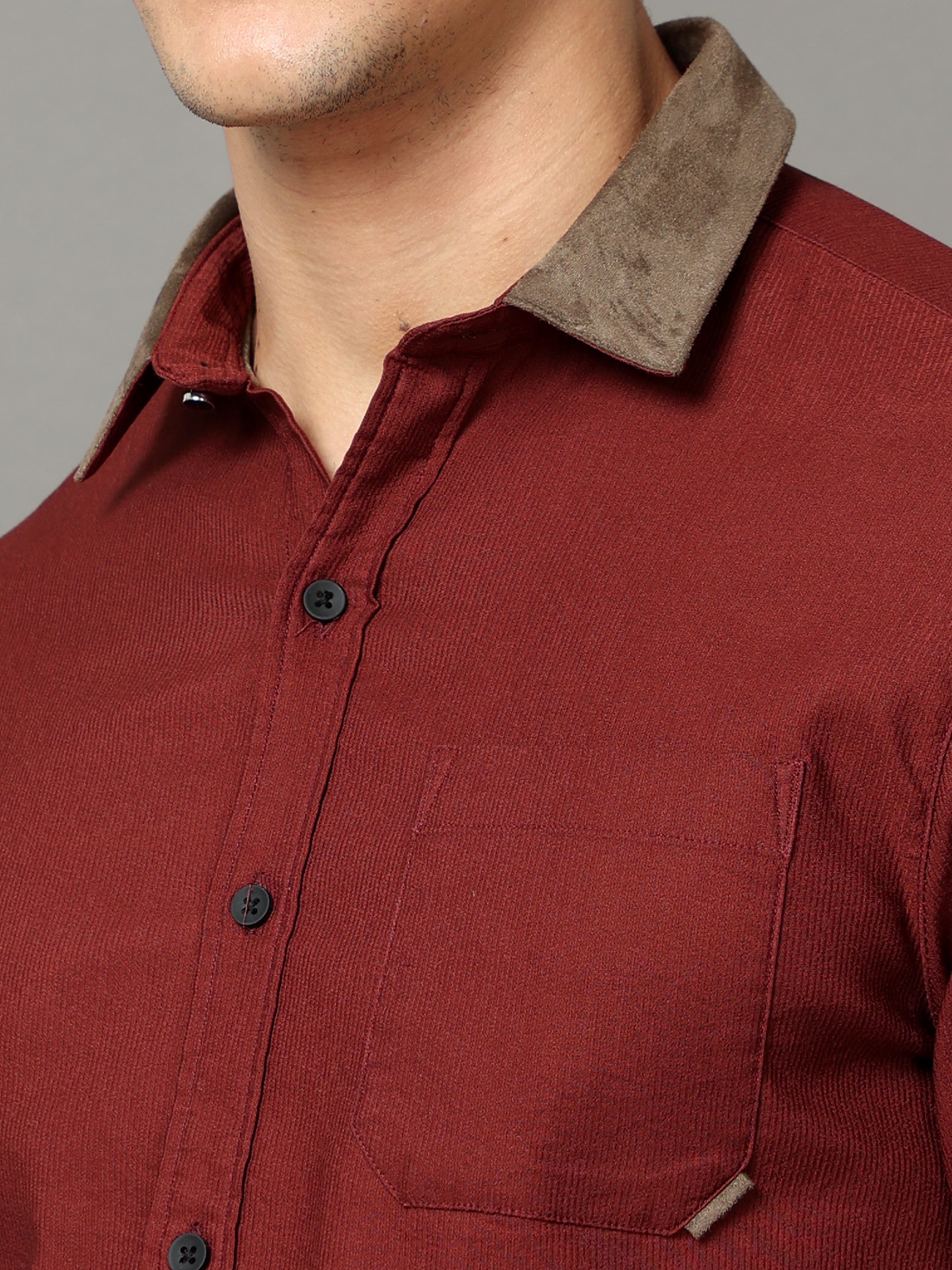 Maroon cotton corduroy shirt with leather contrast stripes.