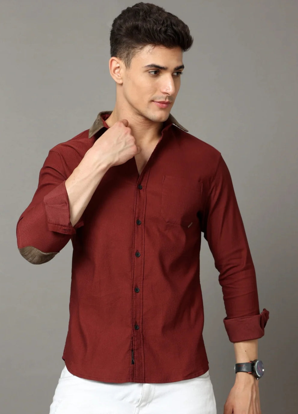 Maroon cotton corduroy shirt with leather contrast stripes.