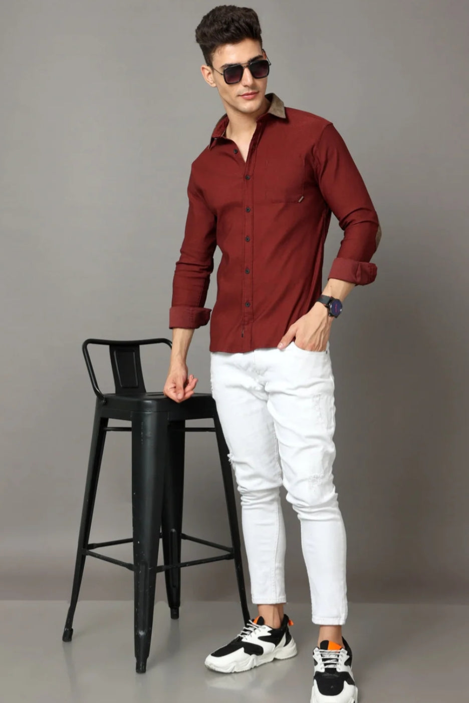 Maroon cotton corduroy shirt with leather contrast stripes.