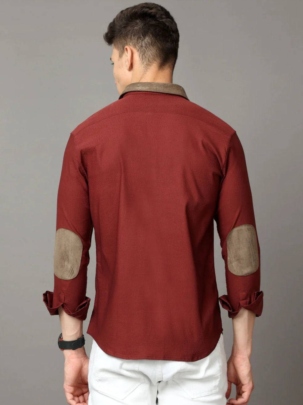 Maroon cotton corduroy shirt with leather contrast stripes.