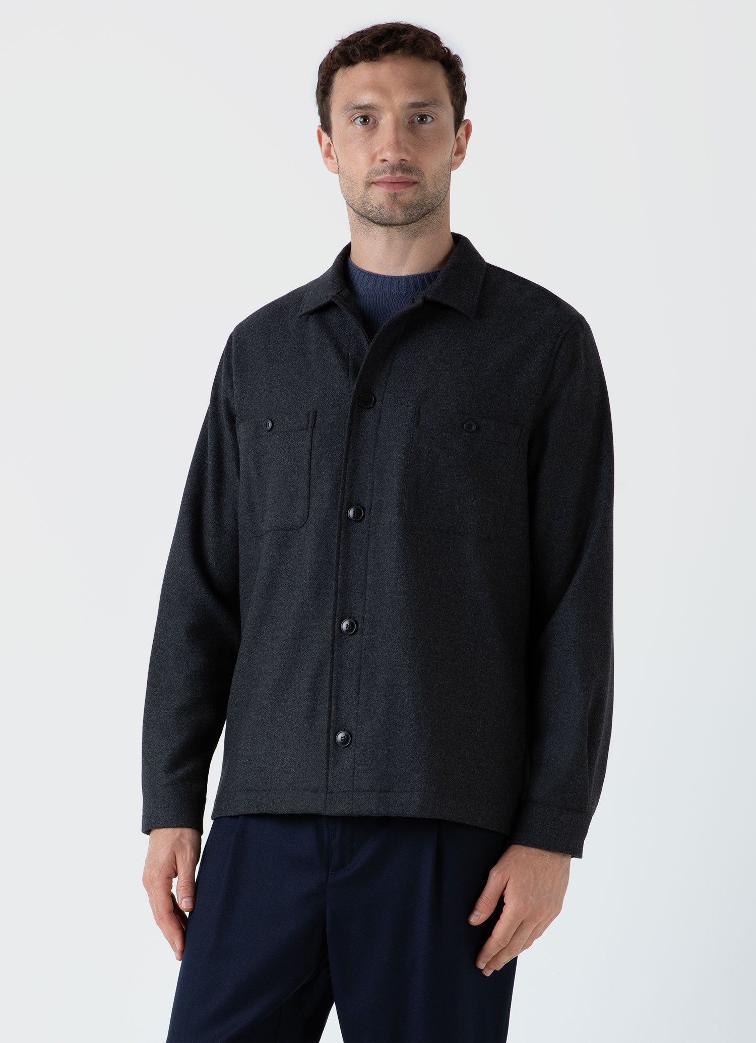 Wool Twill Overshirt for Men - Charcoal Melange