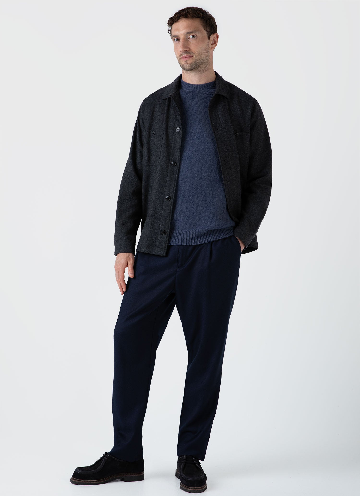 Wool Twill Overshirt for Men - Charcoal Melange