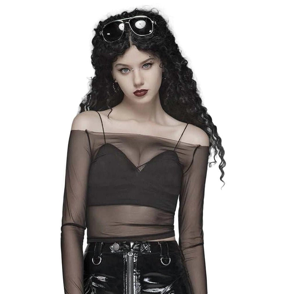 Mesh Chiffon Shirt with Attached Gloves - Punk Rocker Style Blouse | Sheer See Through Blouse