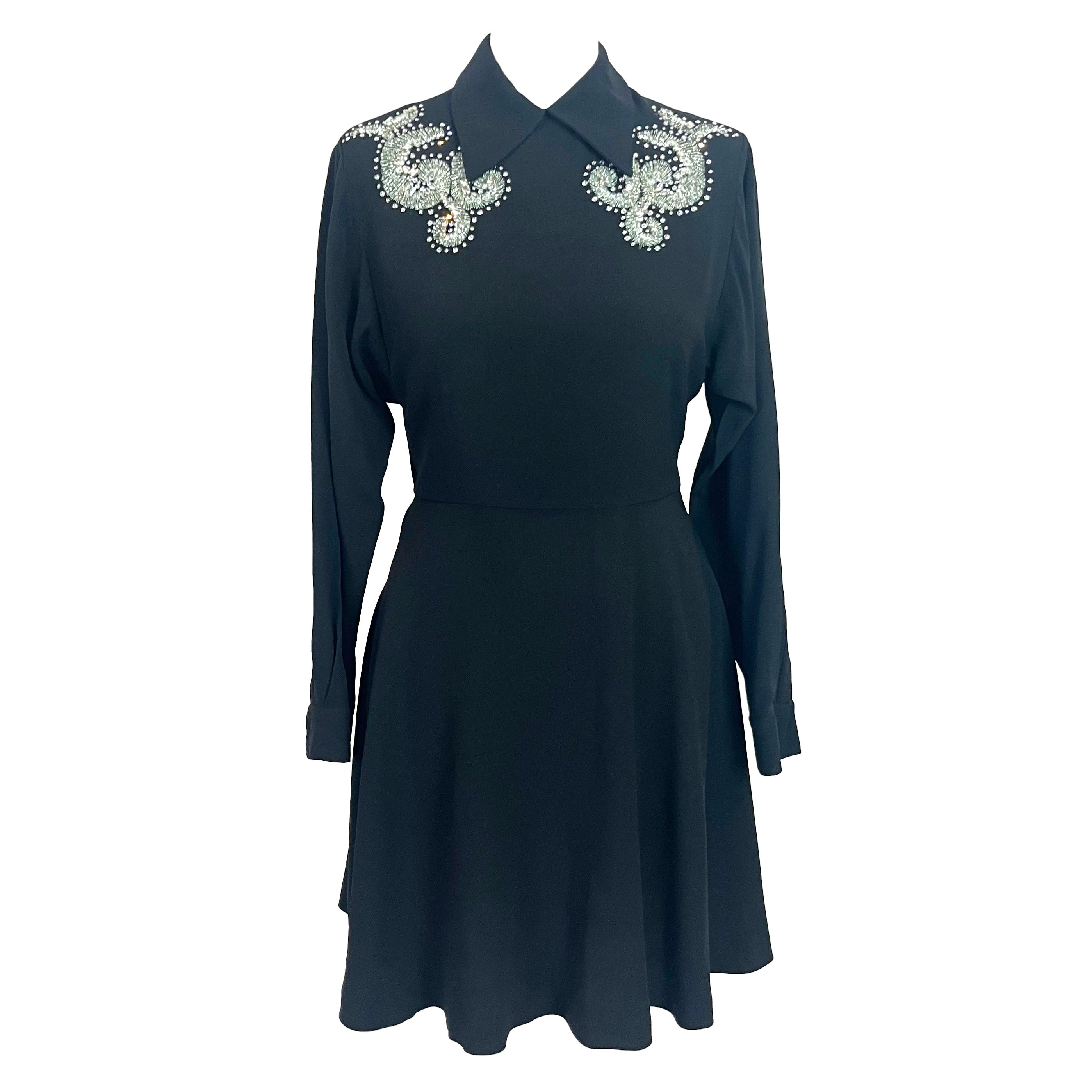 Miu Miu Black Crepe Midi Dress with Embellished Yoke XSS - Shop Now