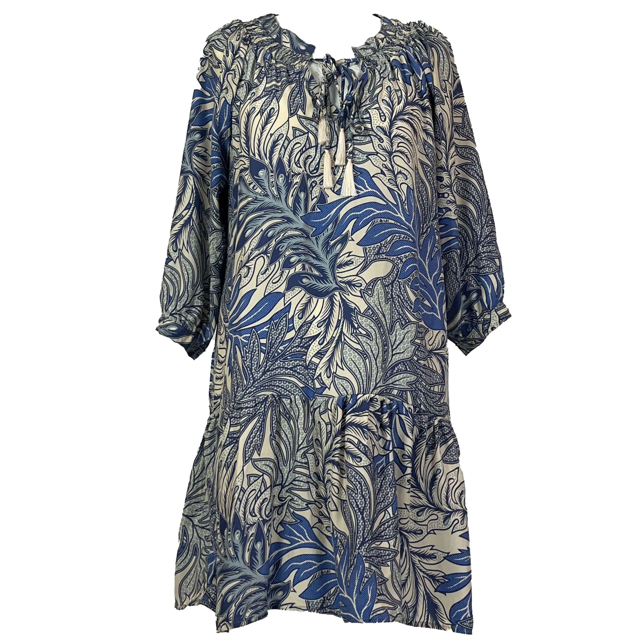 Natalie Martin Blue Cream Print Silk Midi Dress XS - Shop Now!