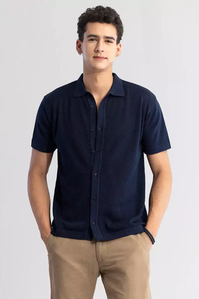 Navy blue shirt with elegant knit design