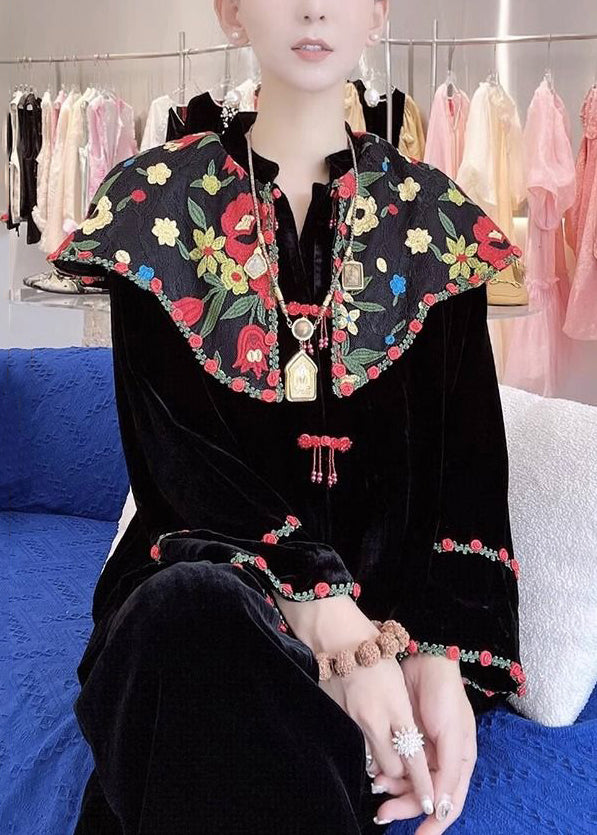 Black Embroidered Button Silk Velour Shirt Long Sleeve 1014