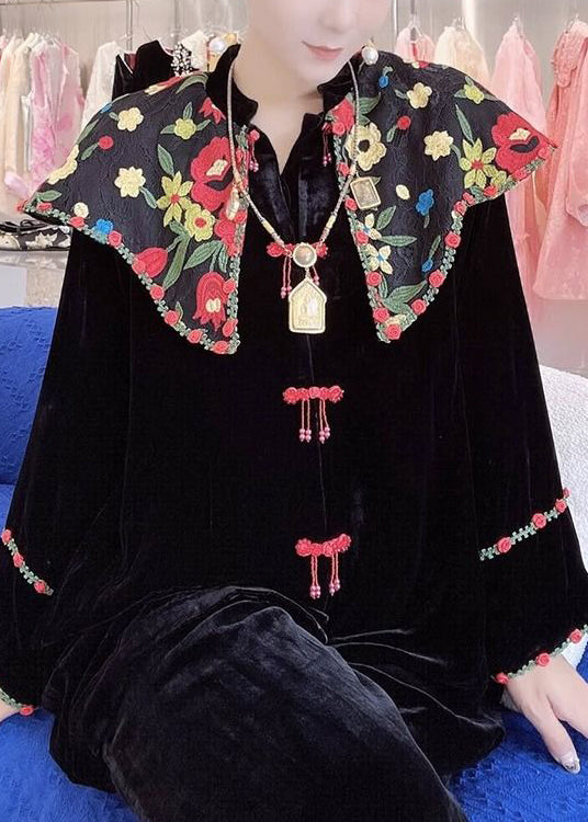 Black Embroidered Button Silk Velour Shirt Long Sleeve 1014