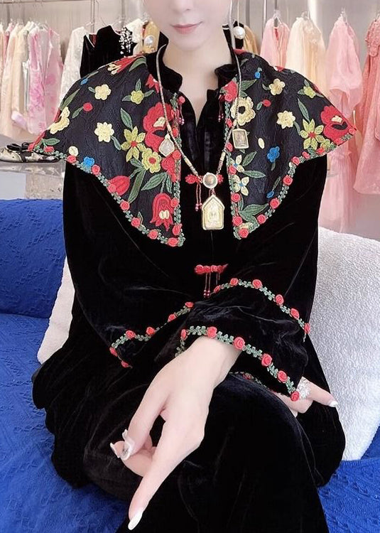 Black Embroidered Button Silk Velour Shirt Long Sleeve 1014