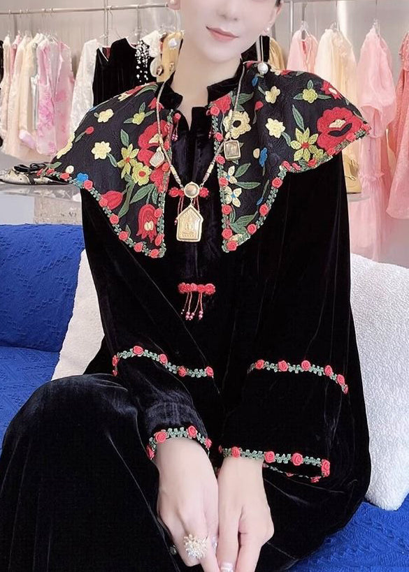 Black Embroidered Button Silk Velour Shirt Long Sleeve 1014