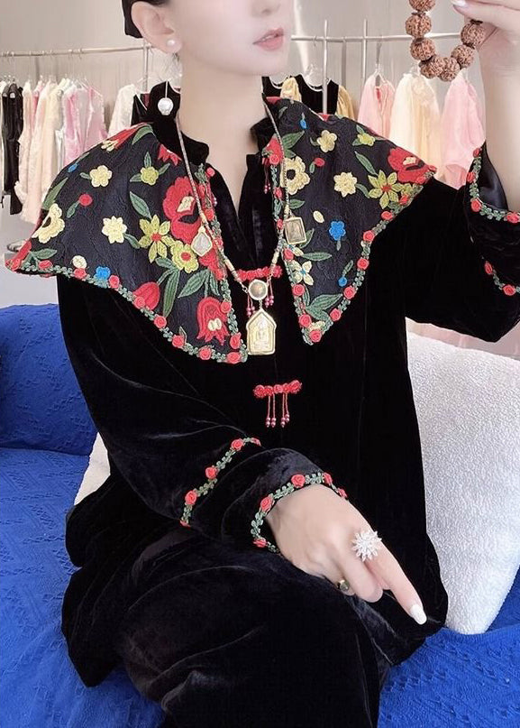 Black Embroidered Button Silk Velour Shirt Long Sleeve 1014