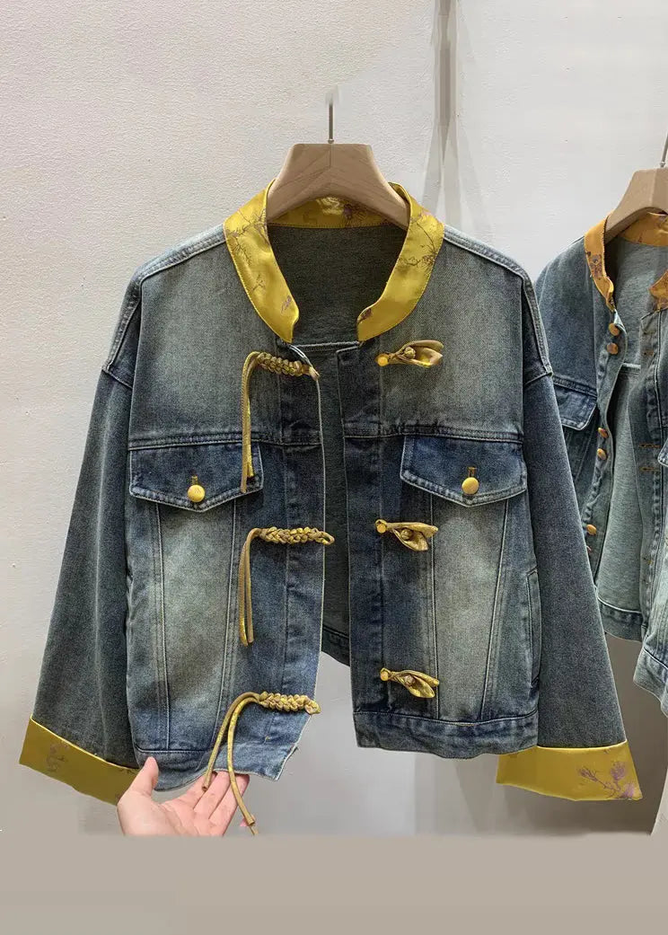 Dark Blue Chinese Style Patchwork Denim Shirt CG1038 - Long Sleeve