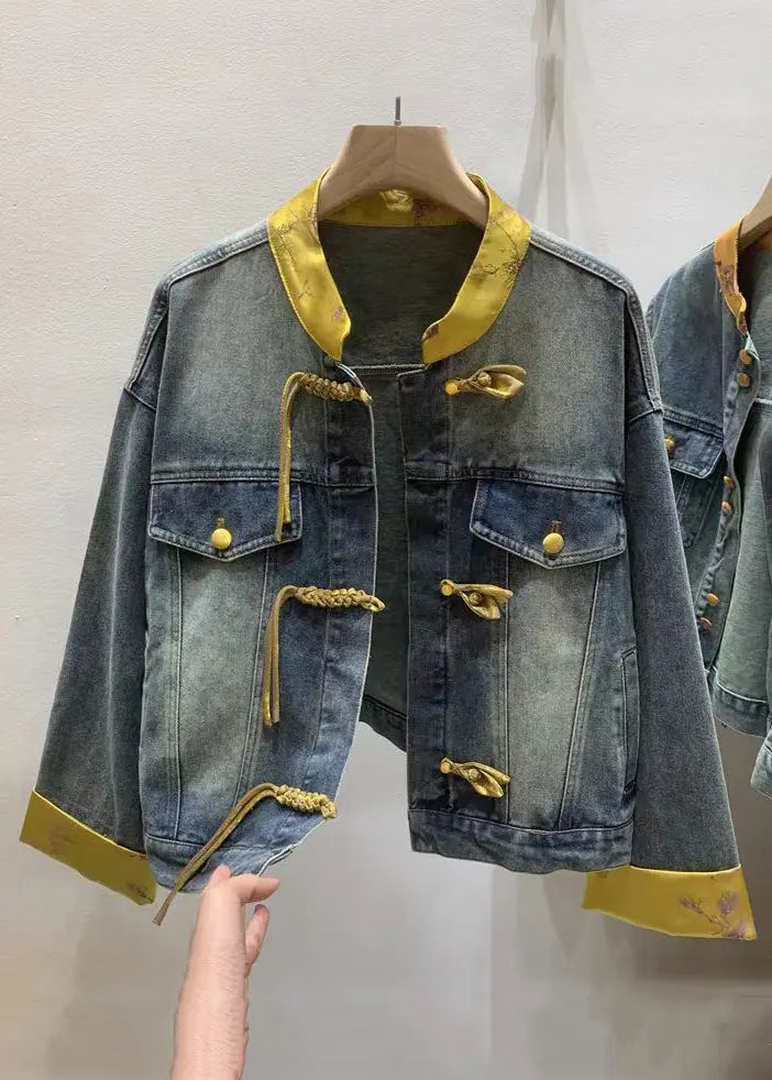 Dark Blue Chinese Style Patchwork Denim Shirt CG1038 - Long Sleeve