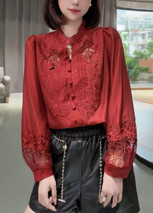 Red Embroidered Ruffled Button Cotton Shirt Long Sleeve