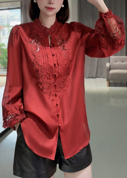 Red Embroidered Ruffled Button Cotton Shirt Long Sleeve