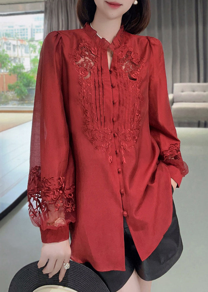 Red Embroidered Ruffled Button Cotton Shirt Long Sleeve