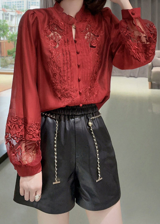 Red Embroidered Ruffled Button Cotton Shirt Long Sleeve