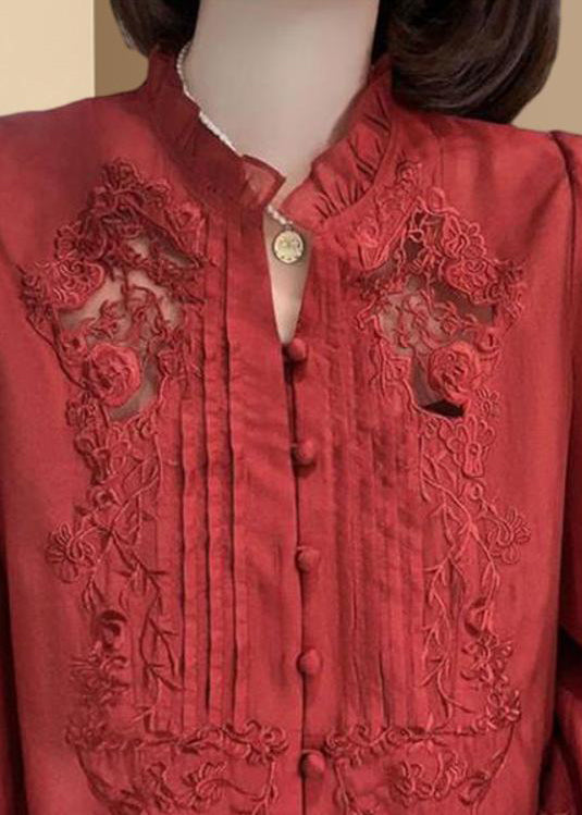 Red Embroidered Ruffled Button Cotton Shirt Long Sleeve