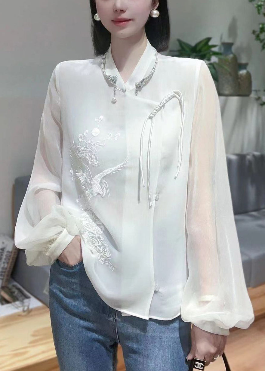 Chinese Button Chiffon Shirt - White Embroidered - Spring Collection