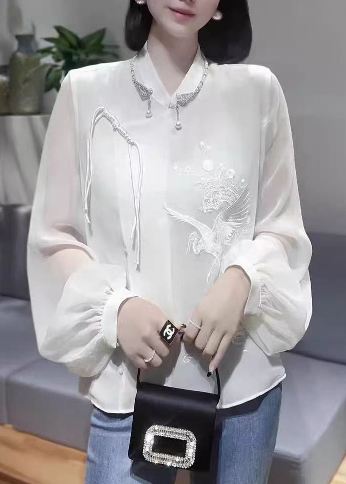 Chinese Button Chiffon Shirt - White Embroidered - Spring Collection