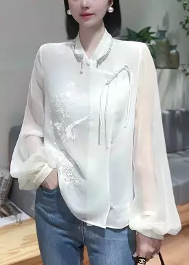 Chinese Button Chiffon Shirt - White Embroidered - Spring Collection