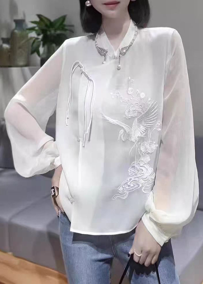 Chinese Button Chiffon Shirt - White Embroidered - Spring Collection