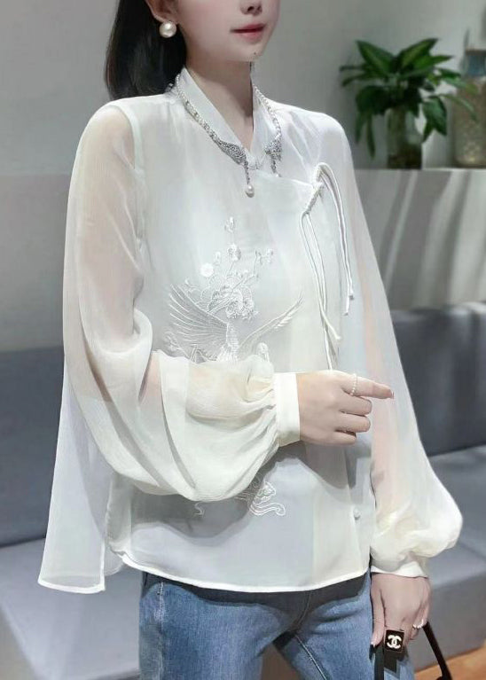 Chinese Button Chiffon Shirt - White Embroidered - Spring Collection