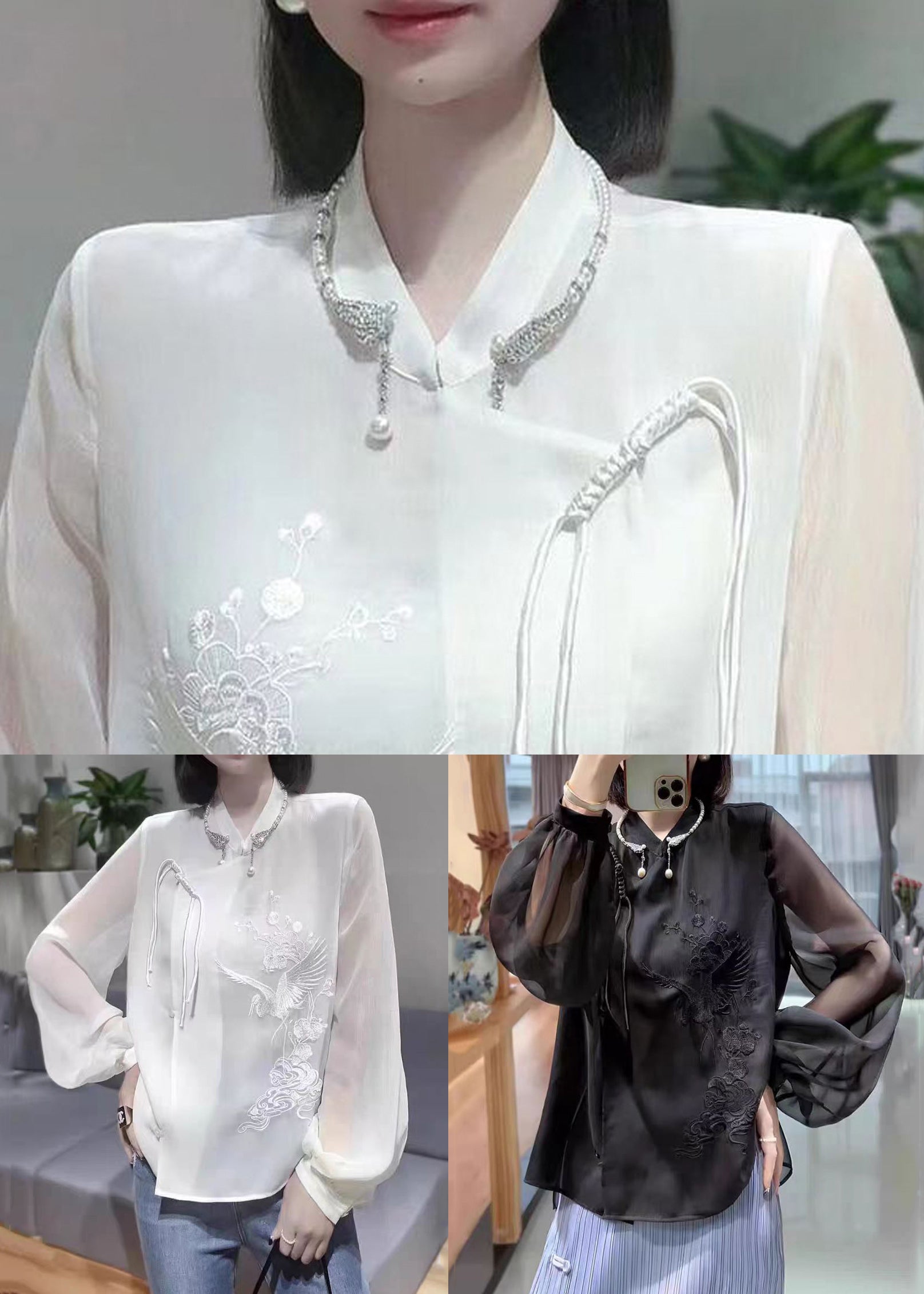 Chinese Button Chiffon Shirt - White Embroidered - Spring Collection