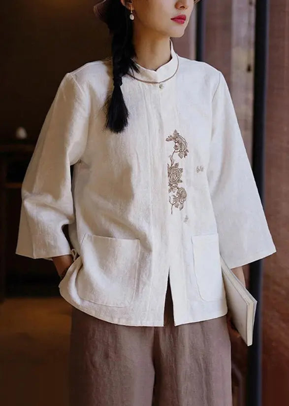 White Embroidered Pockets Linen Shirt - Long Sleeve | CG1050