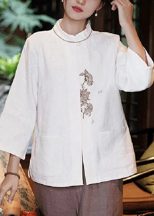 White Embroidered Pockets Linen Shirt - Long Sleeve | CG1050