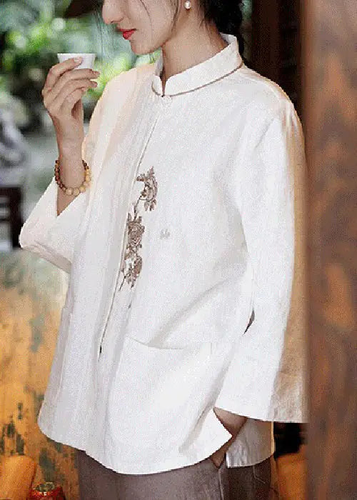 White Embroidered Pockets Linen Shirt - Long Sleeve | CG1050