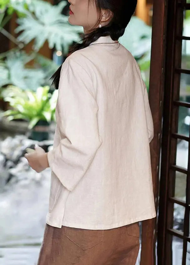 White Embroidered Pockets Linen Shirt - Long Sleeve | CG1050