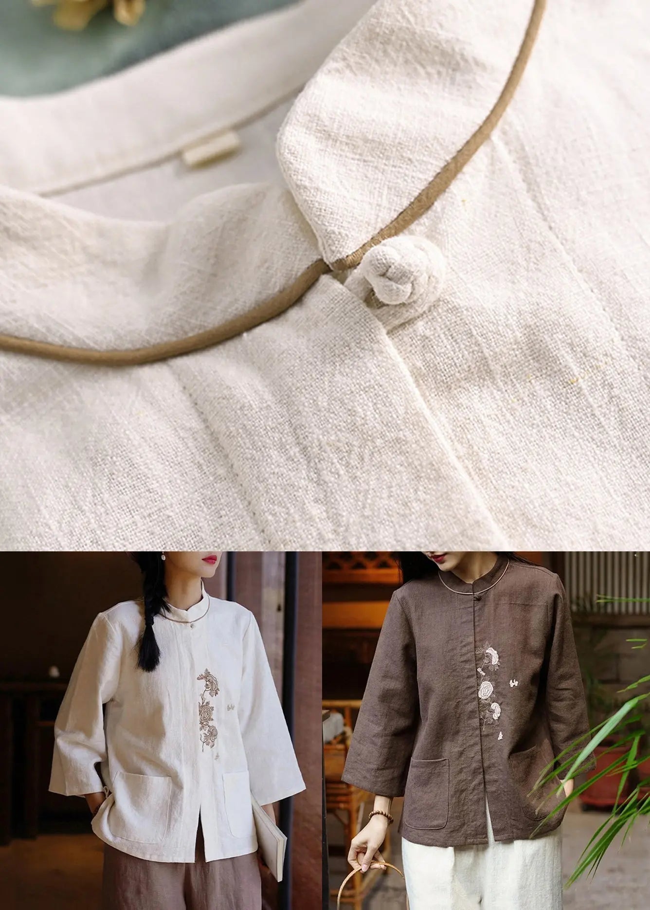 White Embroidered Pockets Linen Shirt - Long Sleeve | CG1050