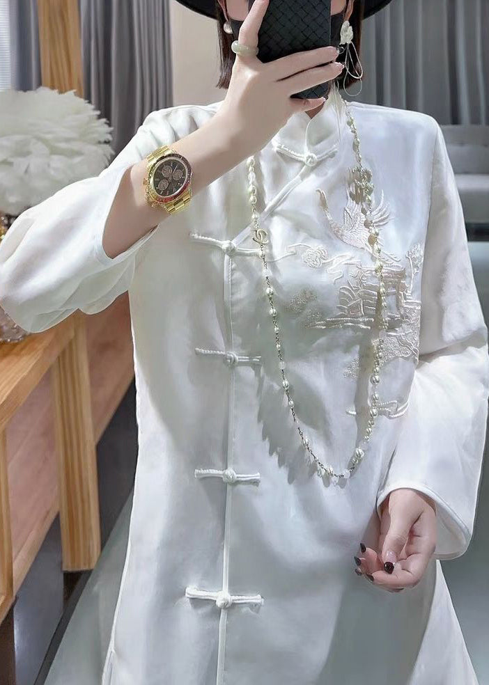 New Embroidered Silk Shirt with Stand Collar and Buttons - Long Sleeve